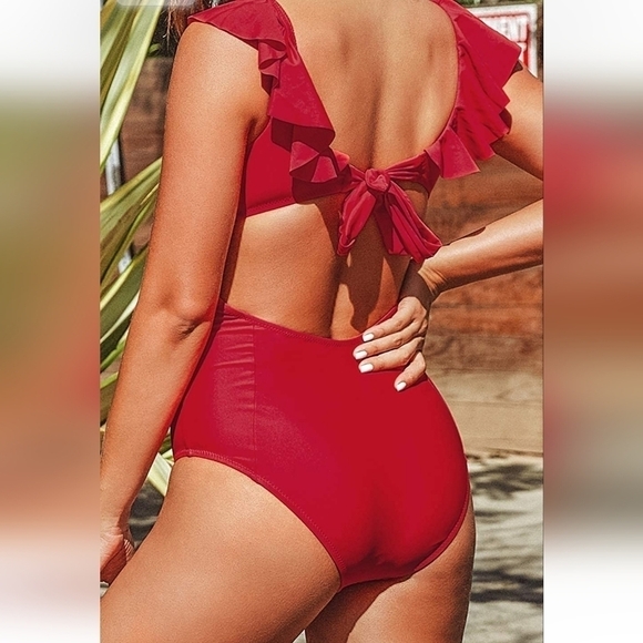 Bright red one piece with ruffles! Size large - Picture 2 of 4